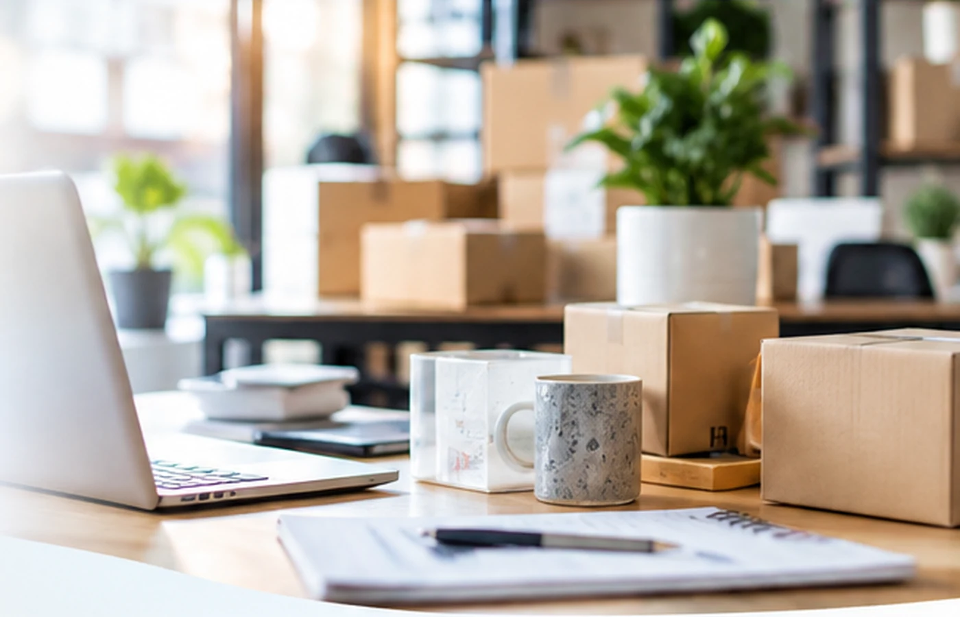 Editorial view of a worktable with a laptop, neutral product samples, packaging, and business materials